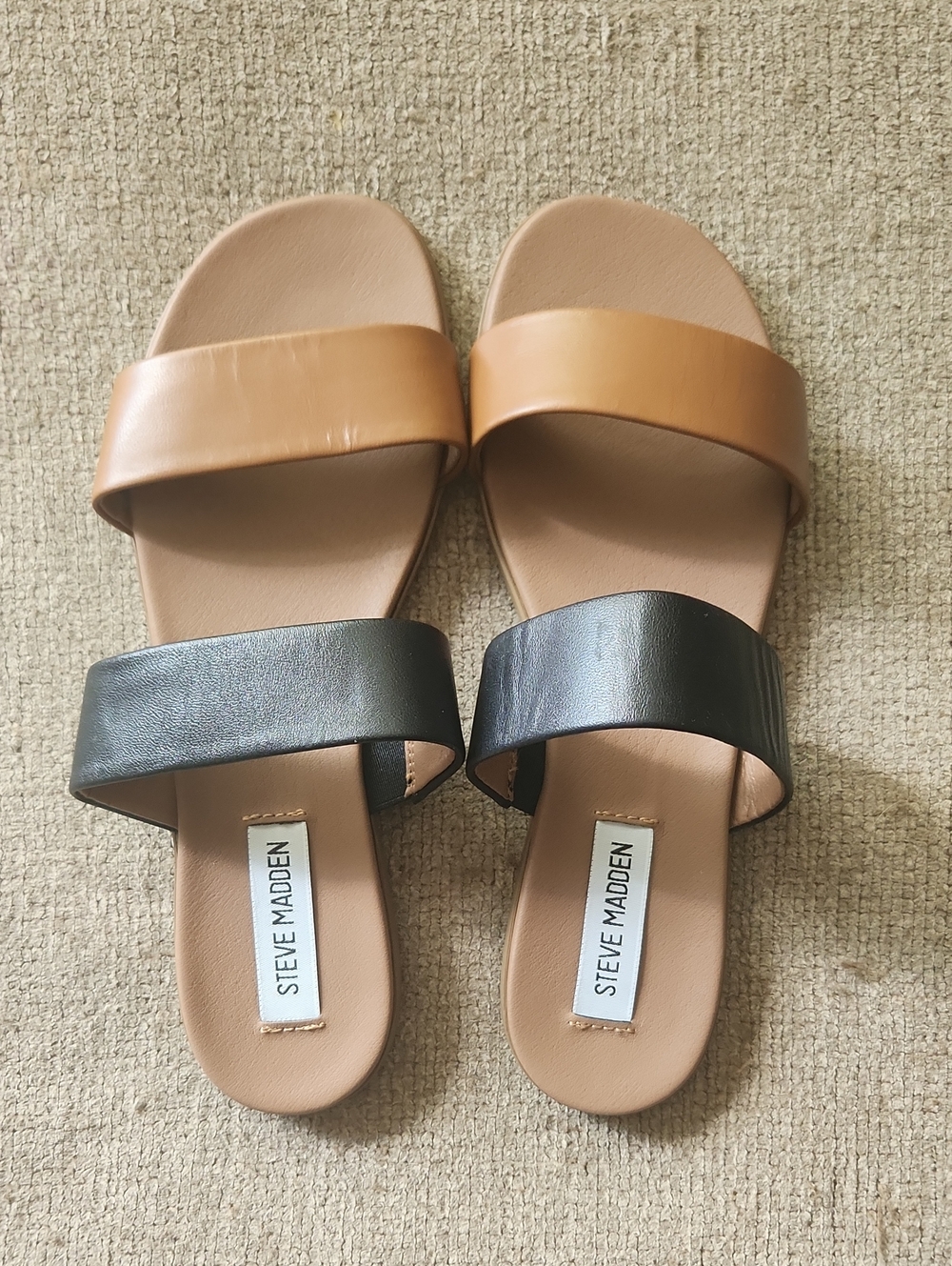 NWOT Steve Madden Two-Band Slide Sandals in Tan and Black
